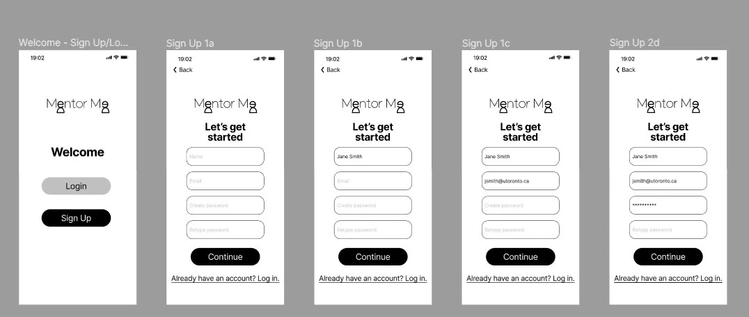 Mentor Me · Onboarding wireframes